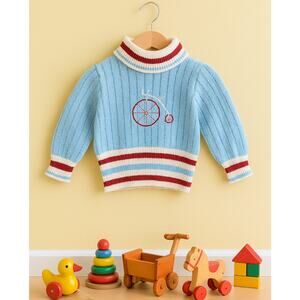 Vintage 1960s Doe Spun Toddler Sweater Blue w/ Penny Farthing Embroidery Size 2T